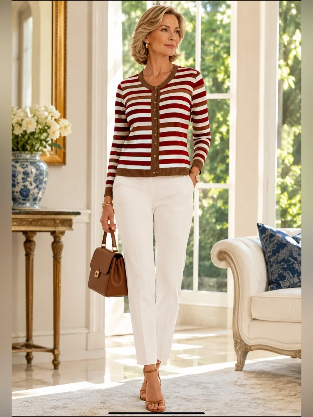 Vintage St. John Sport Striped Wool Blend Cardigan Sweater Red Ivory Camel MED - Picture 3 of 16